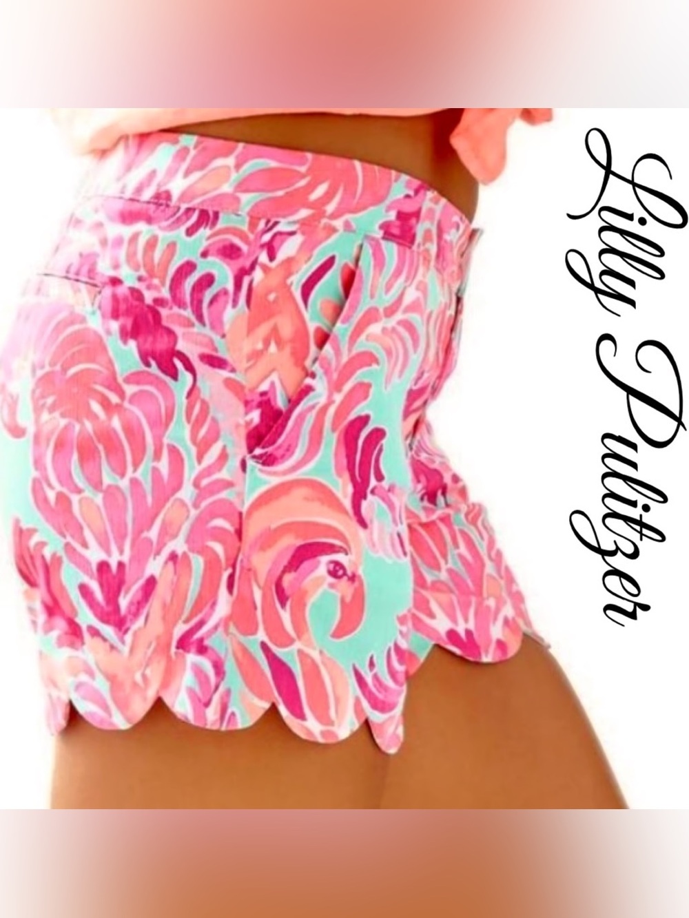 NWT Lilly Pulitzer Poolside Blu Love Birds Buttercup Scallop-Hem Printed Shorts